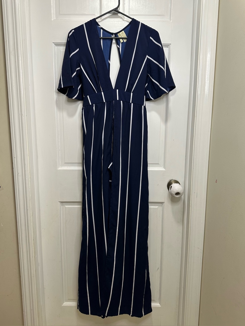 Japna Striped Plunging V-Neck Romper Maxi Dress in Navy Blue White Size Medium